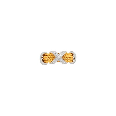 Lot 1106 - Tiffany & Co., Schlumberger Gold, Platinum and Diamond 'Rope Four-Row X' Band Ring