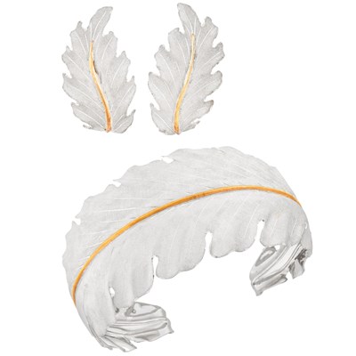 Lot 1055 - Buccellati Silver and Gold Leaf Cuff Bangle Bracelet and Pair of Earclips