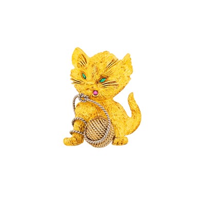 Lot 1112 - Tiffany & Co. High Karat Gold, White Gold, and Gem-Set Cat Clip-Brooch, France