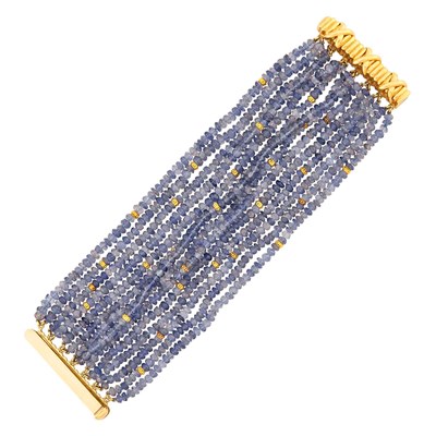 Lot 68 - Verdura Multistrand Iolite and Gold Bead Bracelet with Ribbed Gold Bar Clasp