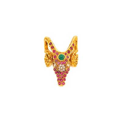 Lot 1028 - Ilias Lalaounis Gold, Cabochon Emerald, Ruby and Diamond Ram's Head Ring