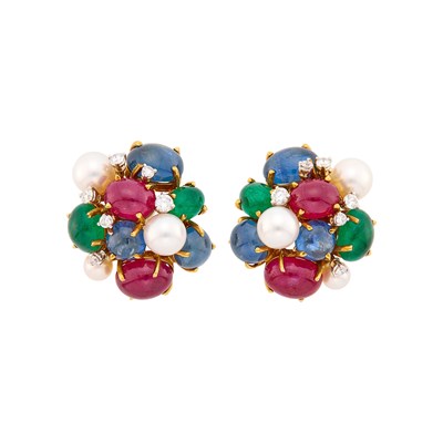 Lot 218 - Seaman Schepps Pair of Gold, Cabochon Colored Stone, Cultured Pearl and Diamond 'Bubble' Earclips