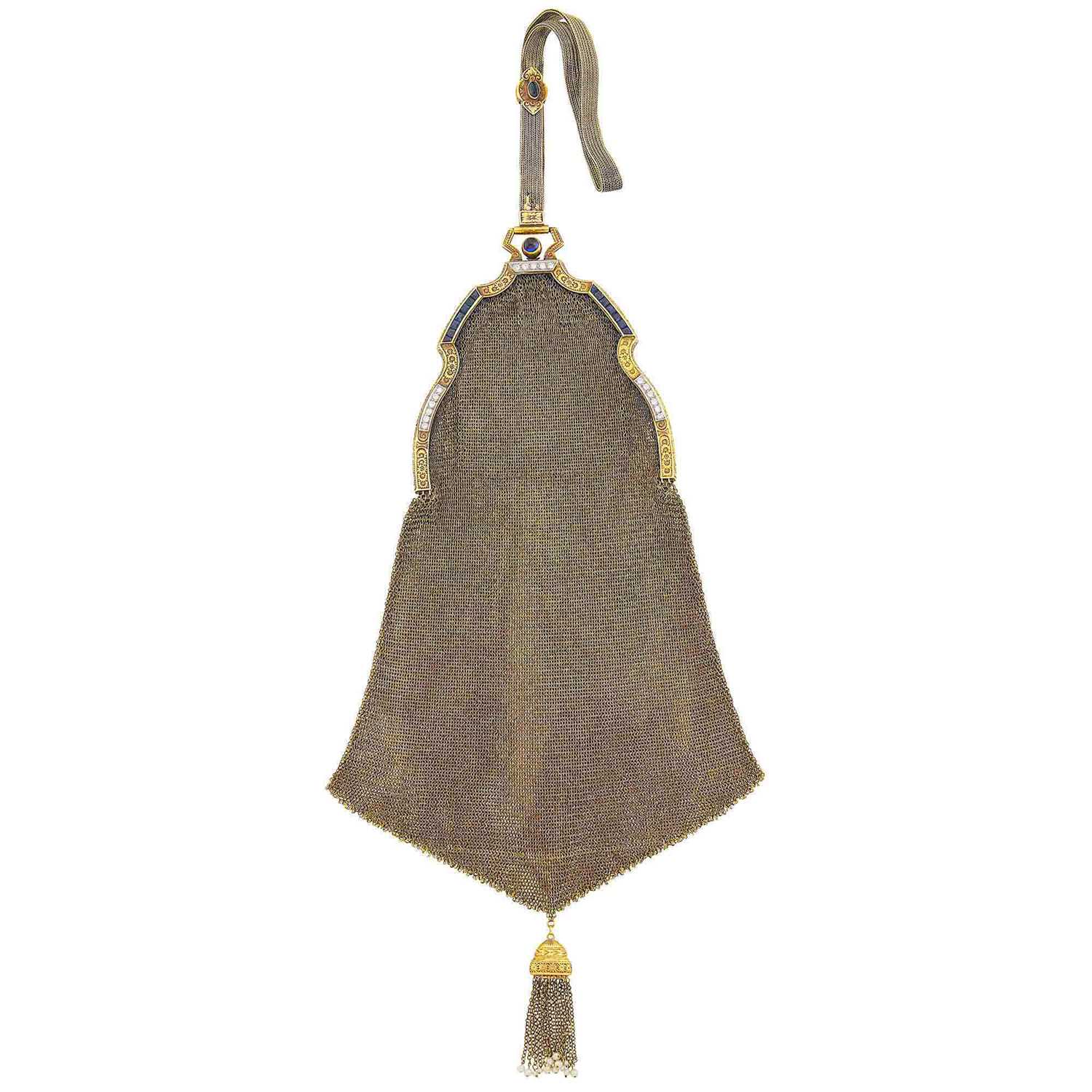 Lot 78 - Antique Gold, Platinum, Sapphire, Diamond and Seed Pearl Tassel Mesh Purse