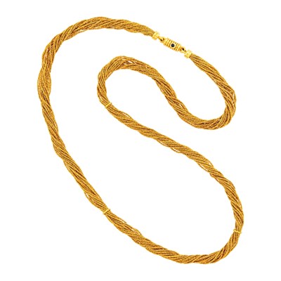 Lot 1155 - Long Multistrand Gold Necklace with Ribbed Gold and Cabochon Sapphire Cylinder Clasp