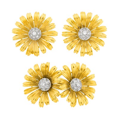 Lot 1128 - Pair of Two-Color Gold and Diamond Flower Earclips and Brooch