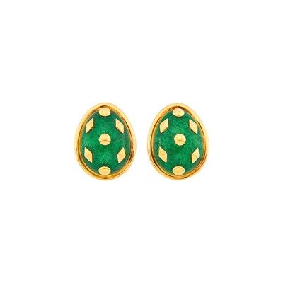 Lot 1010 - Tiffany & Co., Schlumberger Pair of Gold and Green Paillonné Enamel 'Dot Lozenge' Earclips