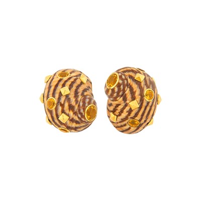 Lot 1154 - Trianon Pair of Gold, Shell and Citrine Earclips