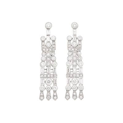 Lot 1092 - Pair of Platinum and Diamond Pendant-Earrings