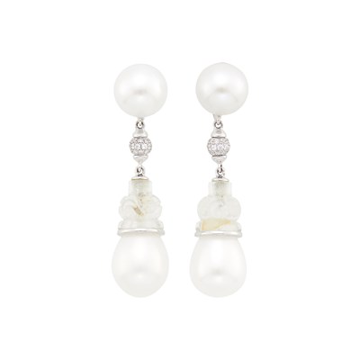 Lot 1068 - Seaman Schepps Pair of White Gold, South Sea Cultured Pearl, Carved Rock Crystal and Diamond Pendant-Earclips