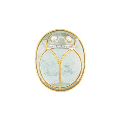 Lot 1165 - Seaman Schepps Two-Color Gold, Carved Aquamarine Scarab, Cultured Pearl and Diamond Clip-Brooch