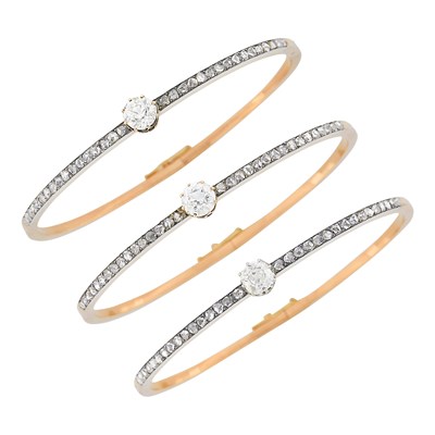 Lot 89 - Three Antique Rose Gold, Silver and Diamond Bangle Bracelets, France