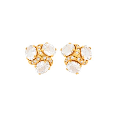 Lot 50 - Verdura Pair of Gold, White Topaz and Diamond 'Three Stone' Earclips