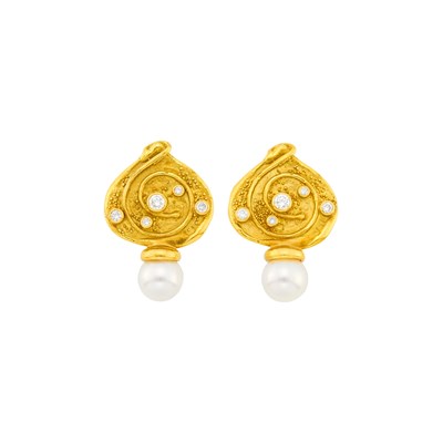 Lot 1034 - Elizabeth Gage Pair of Gold, Cultured Pearl and Diamond Earrings