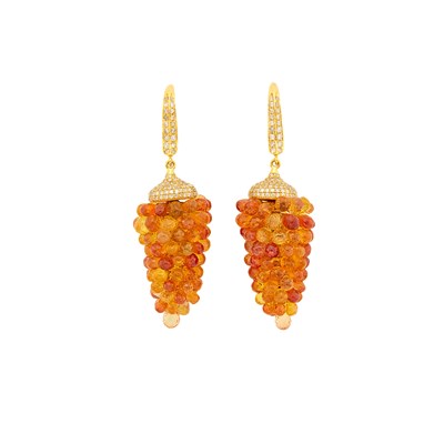 Lot 2043 - Pair of Gold, Multicolored Sapphire Briolette and Diamond Pendant-Earrings