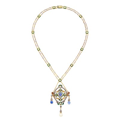 Lot 110 - Evelyn Clothier Gold, Silver, Sapphire, Diamond, Cultured Pearl and Green Enamel Pendant-Brooch Necklace