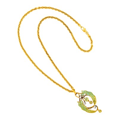 Lot 1023 - Evelyn Clothier Gold, Silver, Green Plique-à-Jour Enamel, Green Sapphire and Diamond Pendant with Gold Chain Necklace