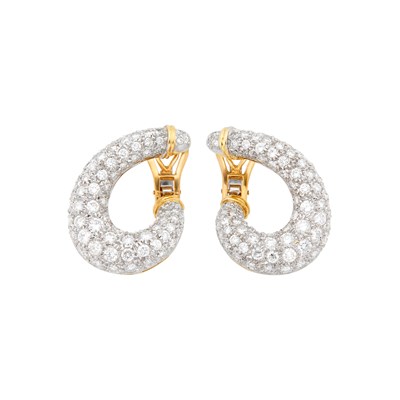 Lot 1186 - Pair of Two-Color Gold and Diamond Bombé J-Hoop Earrings
