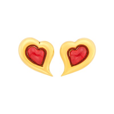 Lot 2037 - Pair of Gold and Red Enamel Heart Earclips