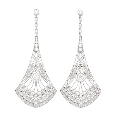 Lot 180 - Tiffany & Co Pair of Platinum and Diamond 'Archival Fan' Pendant-Earrings