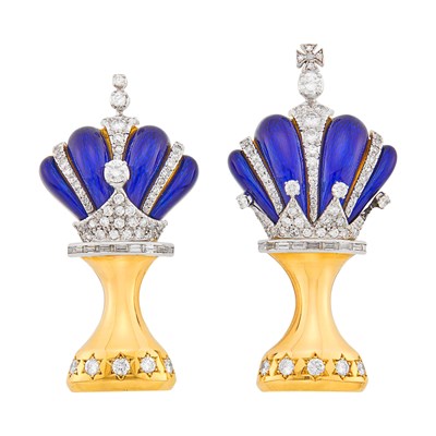 Lot 1098 - Spaulding & Co. Pair of Two-Color Gold, Blue Enamel and Diamond King and Queen Chess Clip-Brooches