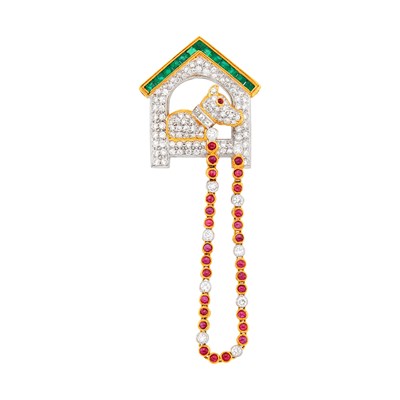 Lot Two-Color Gold, Diamond, Emerald and Cabochon Ruby Dog House Brooch
