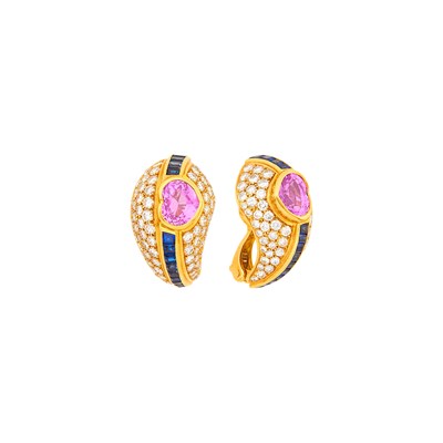 Lot 59 - Boucheron Pair of Gold, Pink Sapphire, Sapphire and Diamond Bombé Earclips, France