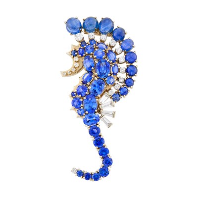 Lot 64 - Seaman Schepps Two-Color Gold, Sapphire, Cabochon Sapphire and Diamond Seahorse Clip-Brooch