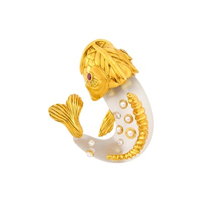 Lot 99 - Seaman Schepps Gold, Carved Frosted Rock Crystal, Split Pearl, Ruby and Diamond Fish Clip-Brooch
