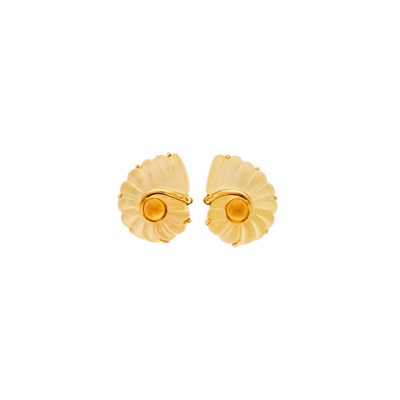 Lot 2010 - Trianon Pair of Gold, Carved Rock Crystal, Mother-of-Pearl and Cabochon Citrine Shell Earclips