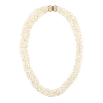 Lot 1143 - Julius Cohen Long Multistrand Seed Pearl Torsade Necklace with Gold, Sapphire and Diamond Clasp