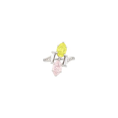 Lot 177 - Platinum, Fancy Light Pink and Fancy Yellow Diamond and Diamond Ring