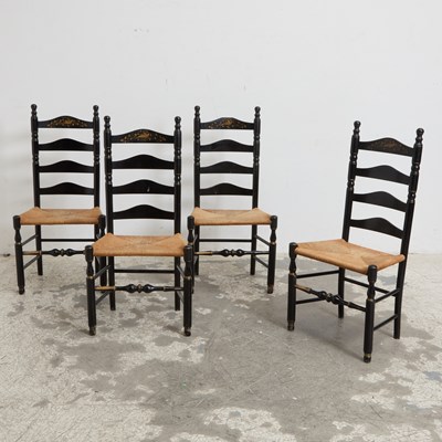 Lot 102 - Set of Four Black Painted Ladder-Back Chairs