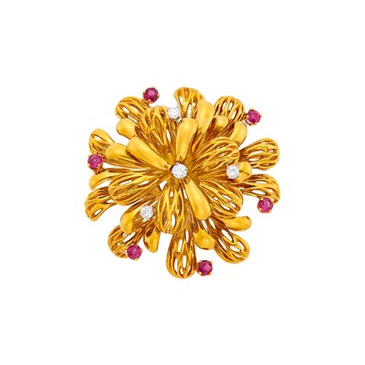 Lot 1147 - Tiffany & Co. Gold, Ruby and Diamond Flower Brooch