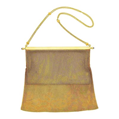 Lot 114 - Two-Color Gold Mesh and Cabochon Sapphire Purse with Long Double Strand Carrying Chain, France