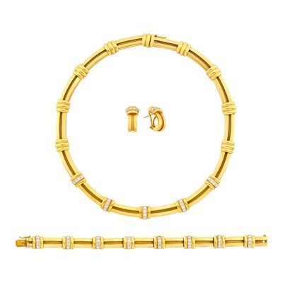 Lot 211 - Tiffany & Co. Gold, Platinum and Diamond Necklace, Bracelet and Pair of Half-Hoop Earrings