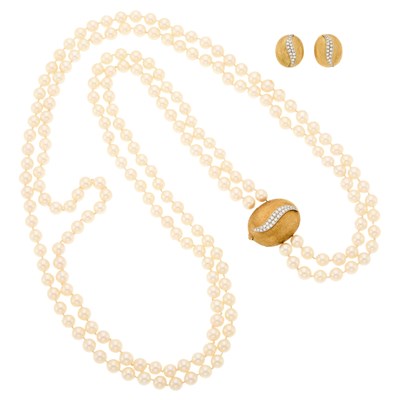 Lot 2243 - Double Strand Cultured Pearl Necklace with Gold, Platinum and Diamond Clasp and Pair of Earrings