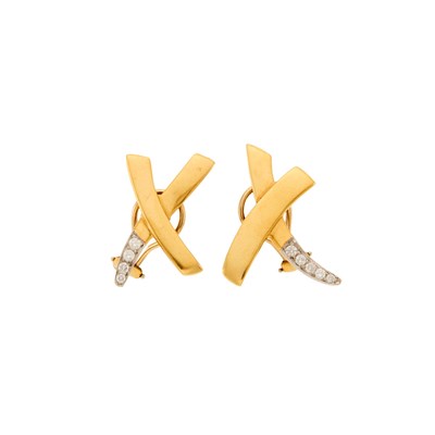 Lot 2004 - Tiffany & Co., Paloma Picasso Pair of Gold, Platinum and Diamond 'X' Earrings