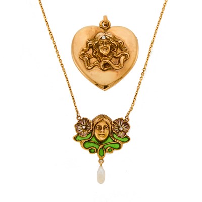 Lot 2073 - Gold, Enamel, Diamond and Freshwater Pearl Pendant-Necklace and Low Karat Gold Locket