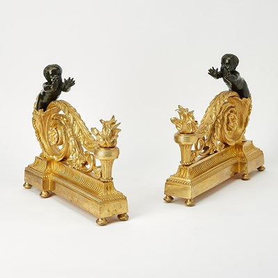 Lot 500 - Pair Louis XVI Style Gilt and Patinated Bronze Putti Chenets