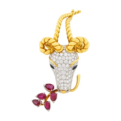 Lot 96 - Tiffany & Co. Schlumberger Gold, Platinum, Diamond, Ruby and Cabochon Sapphire 'Gazelle' Clip-Brooch