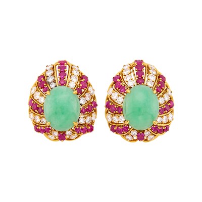 Lot 91 - Bulgari Pair of Gold, Jade, Ruby and Diamond Earclips