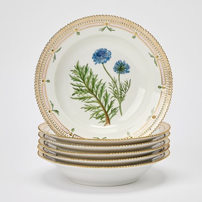 Lot 895 - Set of Six Royal Copenhagen Hand-Painted Porcelain Flora Danica Rim Soup Bowls