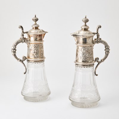 Lot 123 - Pair of German Silver Mounted Etched Glass Claret Jugs