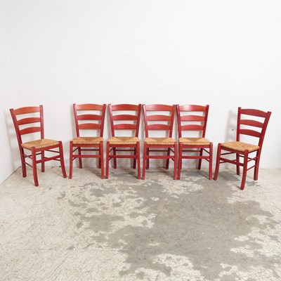Lot 94 - Set of Six Red Painted Rush-Seat Dining Chairs