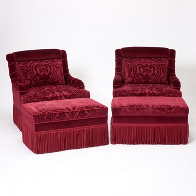 Lot 506 - Pair of French Pierre Frey Red Velvet Upholstered Swivel Club Chairs