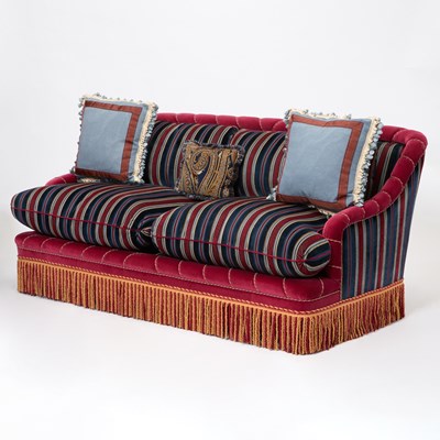 Lot 504 - Lee Jofa Red and Blue Velvet Upholstered Two-Seat Sofa
