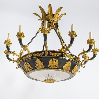 Lot 326 - Empire Style Gilt-Bronze Mounted Cut-Glass and Tôle Twelve-Light Chandelier