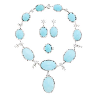 Lot 152 - Turquoise and Diamond Pendant-Necklace, Pair of Pendant-Earrings and Ring