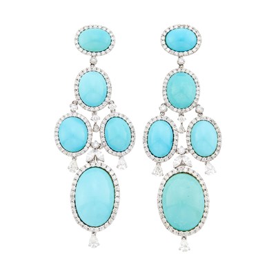 Lot 150 - Pair of Turquoise and Diamond Pendant-Earrings