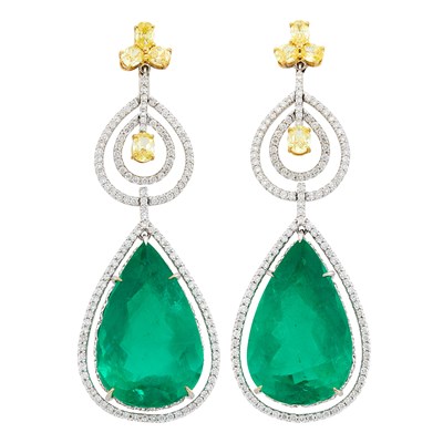 Lot 156 - Pair of Two-Color Gold, Emerald, Colored Diamond and Diamond Pendant-Earrings